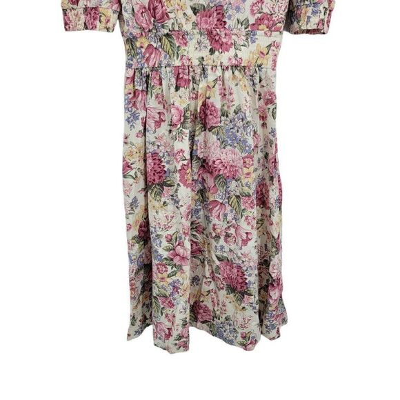 Vtg 80's Womens L Dress Cottage Core Mock Wrap Puff Sleeve Full Midi Floral Pink - Picture 8 of 10